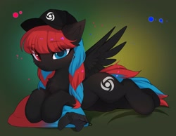 Size: 2048x1586 | Tagged: safe, artist:empress-twilight, oc, oc only, pony, abstract background, female, hat, heterochromia, looking at you, lying down, mare, pillow