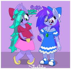 Size: 3040x2968 | Tagged: safe, artist:silvaqular, imported from derpibooru, oc, oc:cyanette, oc:qular, anthro, earth pony, plantigrade anthro, unicorn, belt, belt buckle, blue, bow, clothes, cyan, dress, female, horn, jewelry, long hair, multicolored hair, necklace, purple, shirt, shoes, skirt