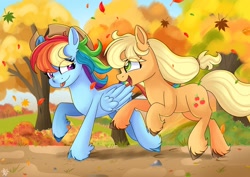 Size: 2048x1448 | Tagged: safe, artist:galaxy swirl, imported from derpibooru, applejack, rainbow dash, earth pony, pegasus, pony, fall weather friends, :p, accessory theft, appledash, applejack's hat, autumn, cowboy hat, duo, duo female, eye clipping through hair, eyebrows, eyebrows visible through hair, female, folded wings, freckles, galloping, hat, leaf, leaf pile, leaves, lesbian, looking at each other, looking at someone, mare, open mouth, open smile, rainbow dash wearing applejack's hat, running, scene interpretation, shipping, signature, smiling, smiling at each other, tied hair, tongue out, tree, unshorn fetlocks, wings