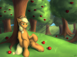 Size: 3273x2462 | Tagged: safe, artist:flapstune, imported from derpibooru, applejack, earth pony, pony, apple, apple tree, female, food, grass, green eyes, hat, looking at something, mare, signature, sitting, smiling, solo, straw in mouth, tree