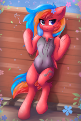 Size: 2358x3500 | Tagged: safe, artist:gaffy, imported from derpibooru, oc, oc only, oc:gaffy, pegasus, belly, belly button, cheek fluff, chest fluff, ear fluff, flower, pegasus oc, wings