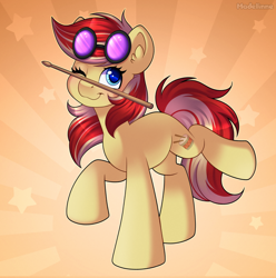 Size: 2900x2919 | Tagged: safe, artist:madelinne, imported from derpibooru, oc, oc only, earth pony, balancing, earth pony oc, female, mare, one eye closed, ponies balancing stuff on their nose, smiling, solo, sunburst background, wink