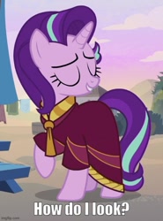 Size: 500x677 | Tagged: safe, edit, edited screencap, imported from derpibooru, screencap, starlight glimmer, unicorn, road to friendship, bronybait, caption, clothes, eyes closed, female, horn, image macro, imgflip, mare, raised hoof, robe, smiling, talking to viewer, text