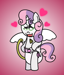 Size: 1920x2238 | Tagged: safe, artist:snowflakepone, imported from derpibooru, sweetie belle, unicorn, abdl, arrow, bipedal, bow, cupid, curly hair, curly mane, curly tail, cute, diaper, diaper fetish, female, fetish, filly, foal, happy, heart, horn, looking at you, looking up, looking up at you, open mouth, tail, wings