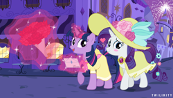 Size: 8000x4500 | Tagged: safe, artist:twilirity, imported from derpibooru, rarity, twilight sparkle, pony, birthday dress, bouquet of flowers, canterlot, clothes, dress, duo, duo female, female, fireworks, flower, flower in tail, hat, lesbian, letter, rarilight, shipping, tail