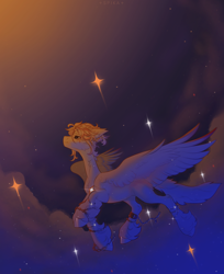 Size: 4000x4900 | Tagged: safe, artist:spika, imported from derpibooru, oc, oc only, pegasus, pony, chains, cloud, flying, manacles, solo, spread wings, stars, unshorn fetlocks, wings