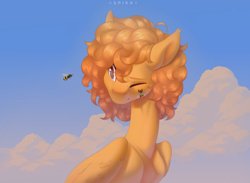 Size: 5200x3800 | Tagged: safe, artist:spika, imported from derpibooru, oc, oc only, bee, insect, pegasus, pony, cloud, one eye closed, solo