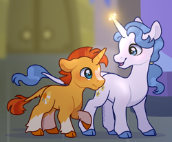 Size: 958x790 | Tagged: safe, artist:hopenotfound, imported from derpibooru, fancypants, sunburst, pony, unicorn, blushing, cloven hooves, coat markings, colored hooves, colt, colt fancy pants, colt sunburst, duo, duo male, fancyburst, fetlock tuft, height difference, hooves, horn, looking at you, magic, male, socks (coat markings), story included, younger