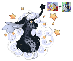 Size: 1280x1065 | Tagged: safe, artist:malinraf1615, imported from derpibooru, discord, star swirl the bearded, oc, pony, curved horn, horn, magical gay spawn, offspring, parent:discord, parent:star swirl the bearded, simple background, transparent background