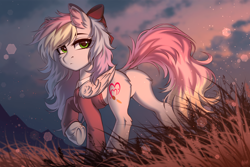 Size: 1920x1280 | Tagged: safe, artist:hakaina, imported from derpibooru, oc, oc:blazey sketch, pegasus, bow, clothes, detailed background, hair bow, multicolored hair, solo, sweater