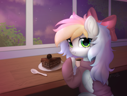 Size: 3286x2486 | Tagged: safe, artist:feelgood, imported from derpibooru, oc, oc:blazey sketch, pegasus, bow, cafe, clothes, hair bow, looking at you, multicolored hair, night, pegasus oc, solo, sweater, wings