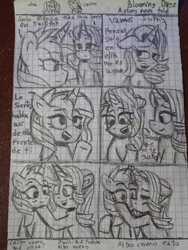 Size: 1204x1600 | Tagged: safe, artist:rosa ushiromiya, imported from derpibooru, starlight glimmer, sunset shimmer, pony, unicorn, fanfic:blooming days, comic, duo, duo female, female, horn, kissing, lesbian, mare, monochrome, shimmerglimmer, shipping, spanish, traditional art