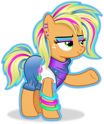 Size: 3002x3575 | Tagged: safe, artist:anime-equestria, imported from derpibooru, applejack, earth pony, 80s, alternate hairstyle, belt buckle, clothes, ear piercing, eyeshadow, female, makeup, mare, piercing, scarf, simple background, smiling, solo, transparent background, vector