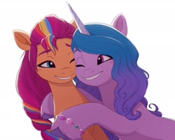 Size: 2359x1900 | Tagged: safe, artist:zephyrcrocus, imported from derpibooru, izzy moonbow, sunny starscout, earth pony, unicorn, blushing, bracelet, duo, duo female, female, g5, horn, hug, jewelry, lesbian, looking at each other, looking at someone, moonscout, one eye closed, shipping, simple background, smiling, white background