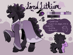 Size: 3600x2700 | Tagged: safe, artist:bunniesandbeetles, imported from derpibooru, oc, oc only, oc:lord lithium, pony, umbrum, unicorn, clothes, height difference, horn, looking at you, male, reference sheet, solo, stallion, umbrum oc