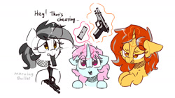 Size: 1280x720 | Tagged: safe, artist:morningbullet, imported from derpibooru, oc, oc only, oc:cinderheart, oc:noot, oc:scoops, earth pony, pony, unicorn, beretta 92fs, gun, horn, magic, simple background, sketch, telekinesis, tongue out, trio, unicorn oc, weapon, white background