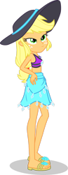 Size: 1280x3312 | Tagged: safe, artist:dustinwatsongkx, imported from derpibooru, applejack, human, equestria girls, clothes, clothes swap, female, hat, rarity's blue sarong, rarity's purple bikini, simple background, solo, sun hat, swimsuit, swimsuit swap, transparent background, vector