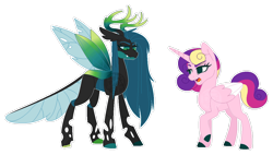 Size: 1080x614 | Tagged: safe, artist:xxanimatorixx, imported from derpibooru, princess cadance, queen chrysalis, alicorn, changeling, changeling queen, pony, alternate design, alternate universe, colored hooves, colored wings, disguise, disguised changeling, fake cadance, female, folded wings, hooves, lidded eyes, open mouth, raised hoof, role reversal, sibling swap, simple background, spread wings, transparent background, wings