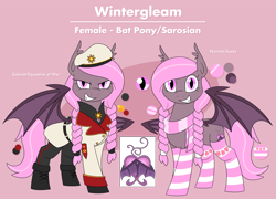 Size: 3844x2768 | Tagged: safe, artist:moonatik, imported from derpibooru, oc, oc only, oc:wintergleam, bat pony, bat pony oc, bat wings, beret, boots, braid, clothes, commission, cute, evil grin, grin, hat, military uniform, reference sheet, scarf, shoes, smiling, socks, solar empire, uniform, wings