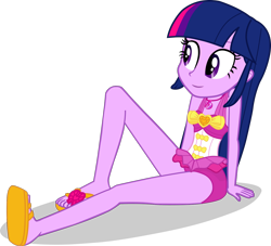 Size: 1416x1286 | Tagged: safe, artist:dustinwatsongkx, imported from derpibooru, twilight sparkle, human, equestria girls, clothes swap, female, geode of sugar bombs, magical geodes, pinkie pie swimsuit, solo, swimsuit swap