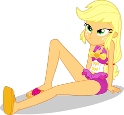 Size: 1367x1268 | Tagged: safe, artist:dustinwatsongkx, imported from derpibooru, applejack, human, equestria girls, clothes swap, female, freckles, geode of sugar bombs, magical geodes, pinkie pie swimsuit, solo, swimsuit swap