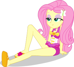 Size: 1467x1324 | Tagged: safe, artist:dustinwatsongkx, imported from derpibooru, fluttershy, human, equestria girls, clothes swap, eyeshadow, female, geode of sugar bombs, magical geodes, makeup, pinkie pie swimsuit, solo, swimsuit swap