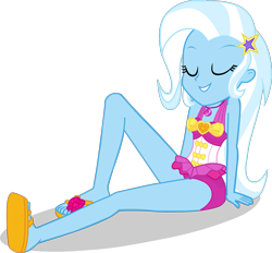 Size: 1427x1323 | Tagged: safe, artist:dustinwatsongkx, imported from derpibooru, trixie, human, equestria girls, clothes swap, female, geode of sugar bombs, magical geodes, pinkie pie swimsuit, solo, swimsuit swap