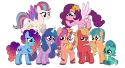 Size: 5455x2993 | Tagged: safe, artist:squipycheetah, imported from derpibooru, hitch trailblazer, izzy moonbow, pipp petals, sprout cloverleaf, sunny starscout, zipp storm, alicorn, dragon, earth pony, pegasus, pony, unicorn, applejack (g5), baby, baby dragon, fluttershy (g5), g5, g5 to g4, generation leap, horn, mane five, mane seven (g5), mane six (g5), mane stripe sunny, misty brightdawn, pinkie pie (g5), race swap, rainbow dash (g5), rarity (g5), rebirth misty, simple background, sparky sparkeroni, sunnycorn, transparent background, twilight sparkle (g5)