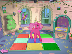 Size: 800x600 | Tagged: safe, imported from derpibooru, sundance (g2), butterfly, earth pony, pony, my little pony: friendship gardens, book, brush, cute, dance studio, door, exit, female, flower, flower pot, g2, g2 sundawwnce, g2betes, indoors, jukebox, mare, picture, picture frame, ponyland, solo, steps, tree, window