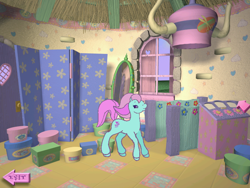 Size: 800x600 | Tagged: safe, imported from derpibooru, ivy, earth pony, pony, my little pony: friendship gardens, beauty salon, box, closed mouth, cute, exit, female, g2, g2betes, hair dryer, hair salon, indoors, ivybetes, mare, mirror, ponyland, salon, smiling, solo, window