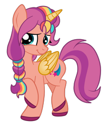 Size: 3509x4000 | Tagged: safe, artist:squipycheetah, imported from derpibooru, sunny starscout, alicorn, pony, g5, g5 to g4, generation leap, happy, raised hoof, simple background, smiling, transparent background