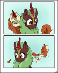 Size: 2101x2633 | Tagged: safe, artist:aubs, artist:derpy_fan, imported from derpibooru, autumn blaze, cinder glow, summer flare, kirin, 2 panel comic, comic, food, muffin, newbie artist training grounds