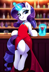 Size: 832x1216 | Tagged: prompter needed, safe, imported from derpibooru, rarity, pony, unicorn, ai content, ai generated, alcohol, bar, bedroom eyes, clothes, covered cutie mark, cutie mark accessory, cutie mark necklace, dress, glass, horn, jewelry, lidded eyes, looking at you, necklace, red dress, seductive, smiling, smiling at you, solo, stupid sexy rarity, wine, wine glass