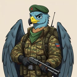 Size: 1024x1024 | Tagged: safe, imported from derpibooru, gallus, anthro, griffon, ai content, ai generated, clothes, cosplay, costume, fatigues, g.i. joe, generator:google imagen 3.0, gi joe the movie, gloves, green beret, gun, lt. falcon, male, military uniform, prompter:zerowinger, shotgun, simple background, solo, uniform, weapon