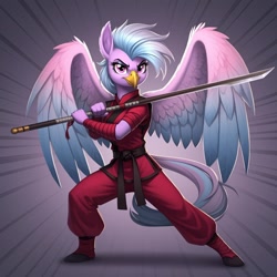 Size: 1024x1024 | Tagged: safe, imported from derpibooru, silverstream, anthro, hippogriff, ai content, ai generated, clothes, cosplay, costume, dynamic pose, female, g.i. joe, generator:google imagen 3.0, gi joe the movie, gradient background, jinx (gi joe), naginata, prompter:zerowinger, smiling, smirk, solo, spread wings, wings