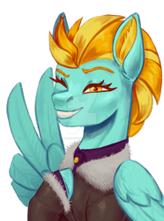 Size: 1280x1724 | Tagged: safe, artist:mr20catfish, imported from derpibooru, lightning dust, pegasus, pony, bomber jacket, clothes, cute, deviantart watermark, dustabetes, feather fingers, female, grin, hoof on chest, jacket, mare, obtrusive watermark, one eye closed, peace sign, simple background, smiling, solo, transparent background, watermark, wing hands, wings, wink