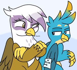 Size: 2048x1853 | Tagged: safe, artist:chaosimp2006, imported from derpibooru, gallus, gilda, griffon, crossed arms, female, kick me, male, note, prank, tape, unamused