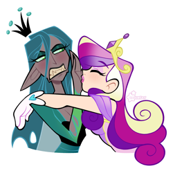 Size: 2048x2048 | Tagged: safe, artist:3ggmilky, imported from derpibooru, princess cadance, queen chrysalis, human, blushing, cadalis, clothes, crown, dark skin, dress, duo, duo female, eyes closed, eyeshadow, female, gloves, gritted teeth, hand kiss, hug, humanized, infidelity, jewelry, kiss denied, lesbian, lipstick, makeup, nail polish, regalia, shipping, teeth