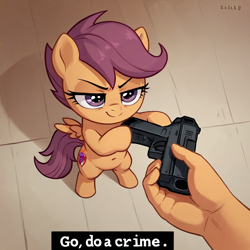 Size: 1024x1024 | Tagged: prompter needed, safe, imported from derpibooru, scootaloo, human, pegasus, pony, ai content, ai generated, bipedal, disembodied hand, female, filly, foal, go do a crime, gun, hand, handgun, lidded eyes, meme, pistol, smug, smugaloo, text, weapon, wrong cutie mark