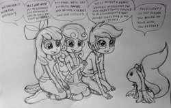 Size: 3614x2282 | Tagged: safe, artist:majkashinoda626, imported from derpibooru, apple bloom, scootaloo, sweetie belle, human, equestria girls, cutie mark crusaders, dialogue, english, group, incubator (species), kneeling, kyubey, lineart, open mouth, puella magi madoka magica, quartet, simple background, speech bubble, this will end in tears and/or death and/or covered in tree sap, this will not end well, traditional art, white background