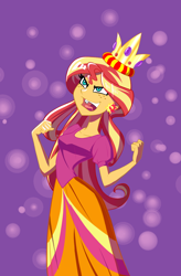 Size: 864x1317 | Tagged: safe, artist:ignoto_delta, imported from derpibooru, sunset shimmer, human, equestria girls, clothes, crown, dress, evil grin, fall formal, female, freckles, grin, jewelry, my little pony equestria girls, narrowed eyes, open mouth, open smile, peppered bacon, regalia, scene interpretation, smiling, solo