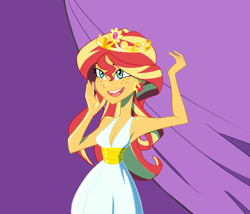 Size: 1094x936 | Tagged: safe, artist:ignoto_delta, imported from derpibooru, sunset shimmer, human, equestria girls, breasts, cleavage, clothes, crown, dress, female, freckles, jewelry, my little pony equestria girls, open mouth, open smile, peppered bacon, regalia, smiling, solo, tiara