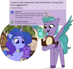 Size: 1695x1602 | Tagged: safe, artist:equestriaexploration, imported from derpibooru, oc, oc:nedemai, oc:shiny sparks, pony, cellphone, clock, g5, magic, phone, simple background, transparent background