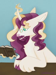 Size: 975x1305 | Tagged: safe, artist:cloudedstormie, imported from derpibooru, oc, oc:scrivener, pony, unicorn, book, glasses, horn, magic, male, solo, stallion