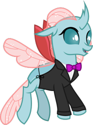 Size: 510x686 | Tagged: safe, artist:byteslice, imported from derpibooru, ocellus, changedling, changeling, .svg available, bowtie, clothes, female, flying, necktie, simple background, solo, svg, transparent background, tuxedo, vector