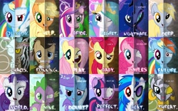 Size: 5120x3200 | Tagged: safe, imported from derpibooru, applejack, derpy hooves, discord, dj pon-3, fluttershy, pinkie pie, princess cadance, princess celestia, princess luna, rainbow dash, rarity, spike, trixie, twilight sparkle, vinyl scratch, zecora, absurd resolution, alternate scenario, female, mane six, opposite, royal sisters, siblings, sisters, text, two-face