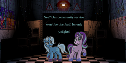 Size: 2000x1000 | Tagged: safe, artist:zoeyhorse, imported from derpibooru, starlight glimmer, trixie, pony, unicorn, duo, duo female, female, five nights at freddy's, horn, lesbian, shipping, startrix, this will end in death, this will end in tears, this will end in tears and/or death