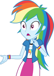 Size: 2510x3530 | Tagged: safe, artist:octosquish7260, imported from derpibooru, rainbow dash, human, equestria girls, clothes, cutie mark, cutie mark on clothes, female, shirt, shocked, shocked expression, simple background, skirt, solo, teenager, transparent background, vest, wristband