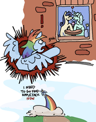 Size: 722x923 | Tagged: safe, artist:bvnnyface, imported from derpibooru, bon bon, lyra heartstrings, rainbow dash, sweetie drops, earth pony, pegasus, pony, unicorn, 2 panel comic, comic, dialogue, female, flying, heart, horn, implied appledash, implied lesbian, implied shipping, kiss on the lips, kissing, lesbian, lyrabon, mare, rainbow, shipping, spread wings, wings