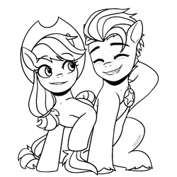 Size: 1024x1023 | Tagged: safe, artist:maren, imported from derpibooru, applejack, hitch trailblazer, earth pony, pony, applejack's hat, black and white, collaboration:world collide pmv, cowboy hat, duo, eyes closed, female, g5, grayscale, grin, hat, hitch and his heroine, male, mare, monochrome, simple background, smiling, stallion, transparent background